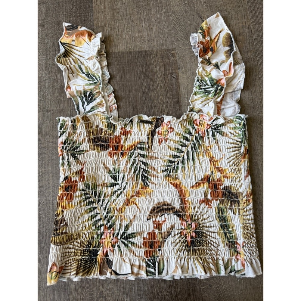 Billabong Cream Tropical Floral Smocked Crop Top Women M Ruffle Strap Boho Beach - Picture 7 of 8